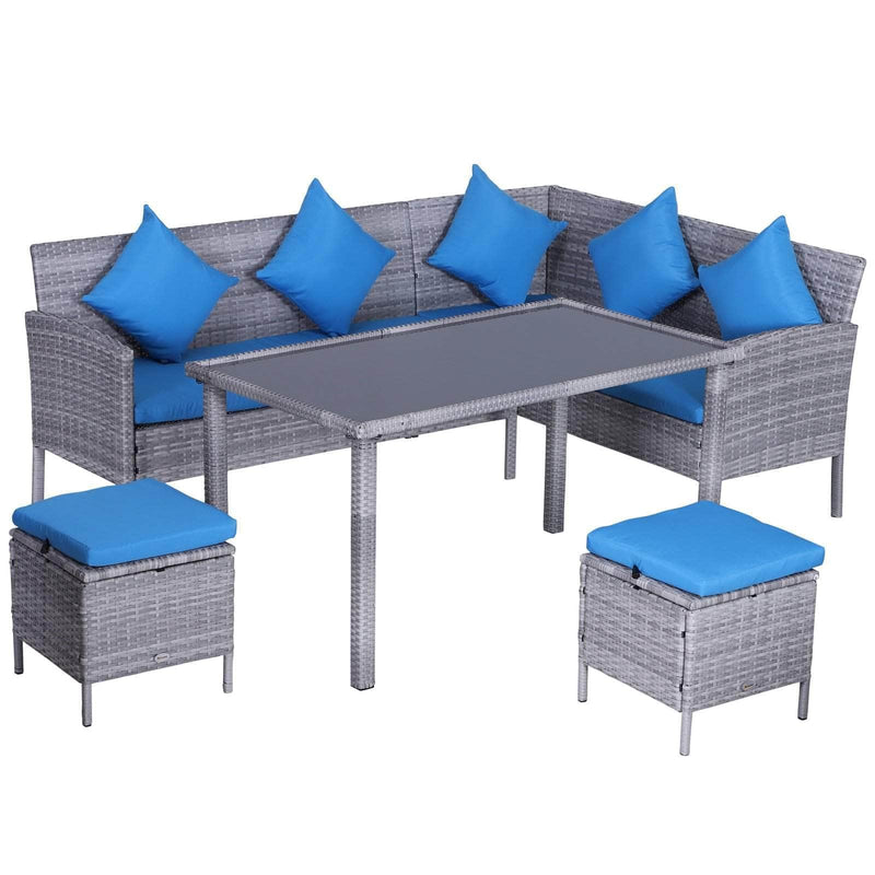 Aosom Dining Set 5 Piece Outdoor Patio Rattan Wicker Dining Table Set with Sectional Sofa and Two Ottomans in Bright Blue
