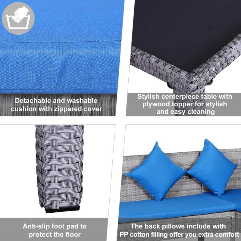 Aosom Dining Set 5 Piece Outdoor Patio Rattan Wicker Dining Table Set with Sectional Sofa and Two Ottomans in Bright Blue