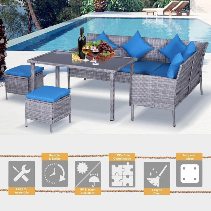 Aosom Dining Set 5 Piece Outdoor Patio Rattan Wicker Dining Table Set with Sectional Sofa and Two Ottomans in Bright Blue