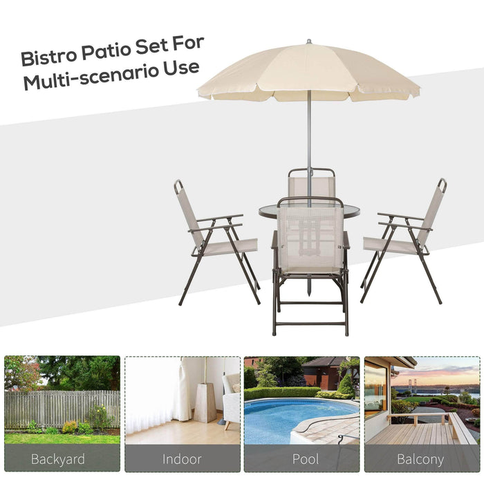 Aosom Dining Set 6 Piece Outdoor Patio Garden Bistro Set with Round Table, Folding Chairs and Umbrella - Available in 2 Colours