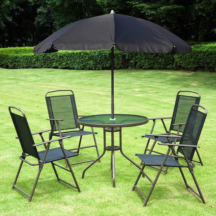 Aosom Dining Set Black 6 Piece Outdoor Patio Garden Bistro Set with Round Table, Folding Chairs and Umbrella - Available in 2 Colours
