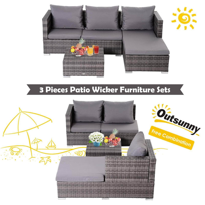 Aosom Sectional 3 Piece Outdoor Patio Rattan Wicker Sectional Sofa with Right Arm Facing Chaise and Coffee Table - Available in 2 Colours