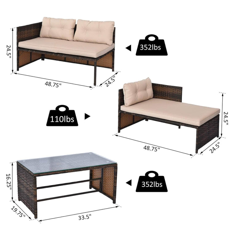 Aosom Sectional 3 Piece Outdoor Rattan Wicker Sectional Sofa with Tufted Cushions and a Coffee Table - Available in 3 Colours