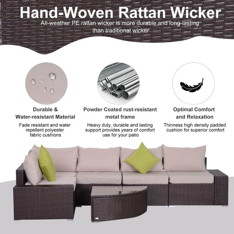 Aosom Sectional 6 Piece Outdoor Patio Wicker Rattan Modular Sectional Sofa with Coffee Table in Khaki