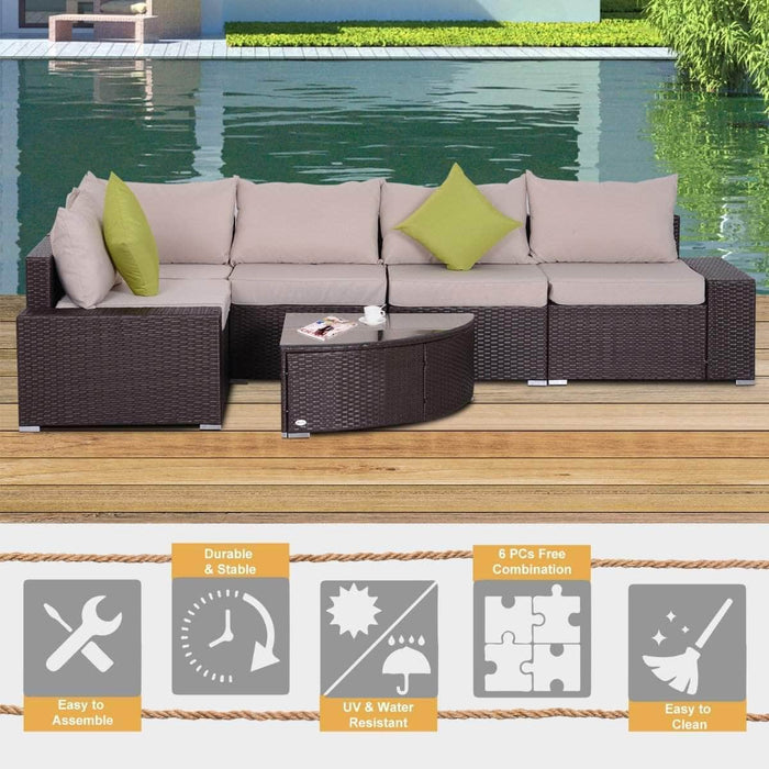 Aosom Sectional 6 Piece Outdoor Patio Wicker Rattan Modular Sectional Sofa with Coffee Table in Khaki