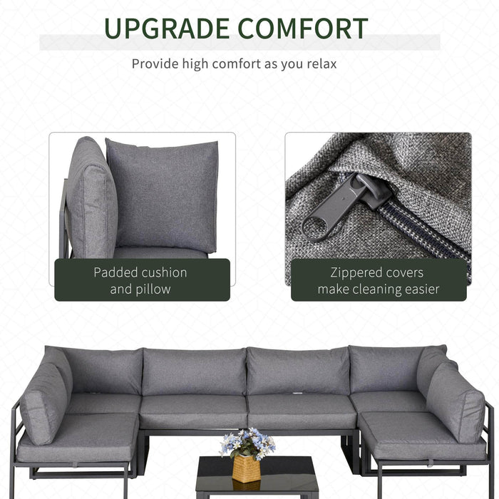 Aosom Sectional 7 Piece Outdoor Patio Metal U-Shaped Sectional Sofa Set with Glass Coffee Table in Grey