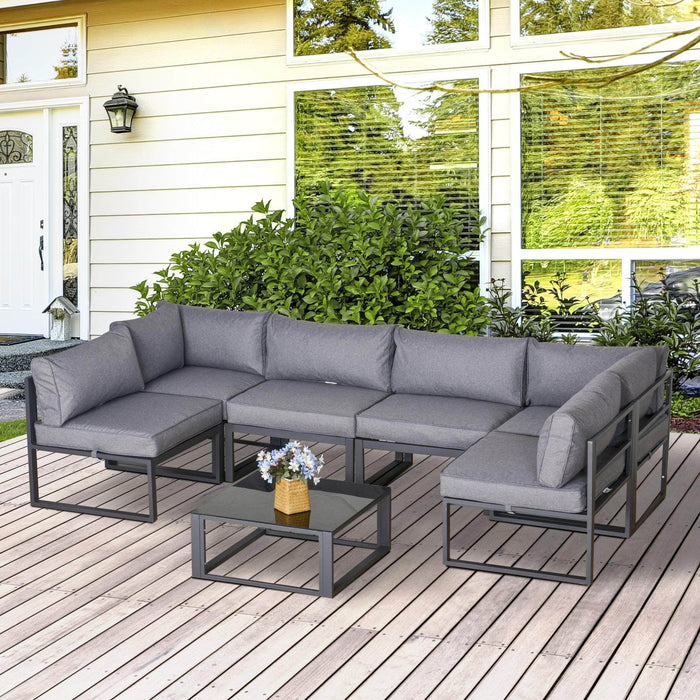 Aosom Sectional 7 Piece Outdoor Patio Metal U-Shaped Sectional Sofa Set with Glass Coffee Table in Grey