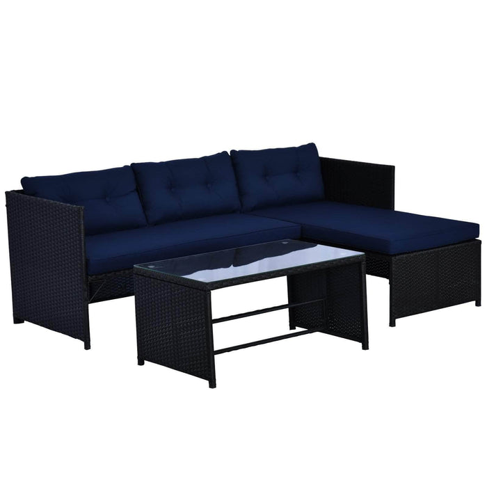Aosom Sectional Dark Blue and Black Wicker 3 Piece Outdoor Rattan Wicker Sectional Sofa with Tufted Cushions and a Coffee Table - Available in 3 Colours