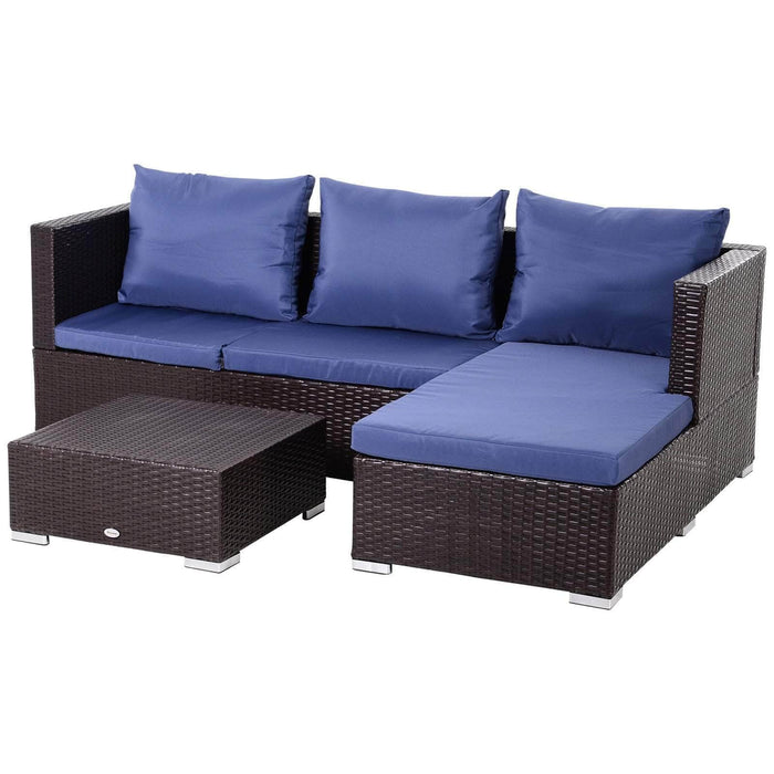 Aosom Sectional Navy Blue and Dark Chocolate Wicker 3 Piece Outdoor Patio Rattan Wicker Sectional Sofa with Right Arm Facing Chaise and Coffee Table - Available in 2 Colours