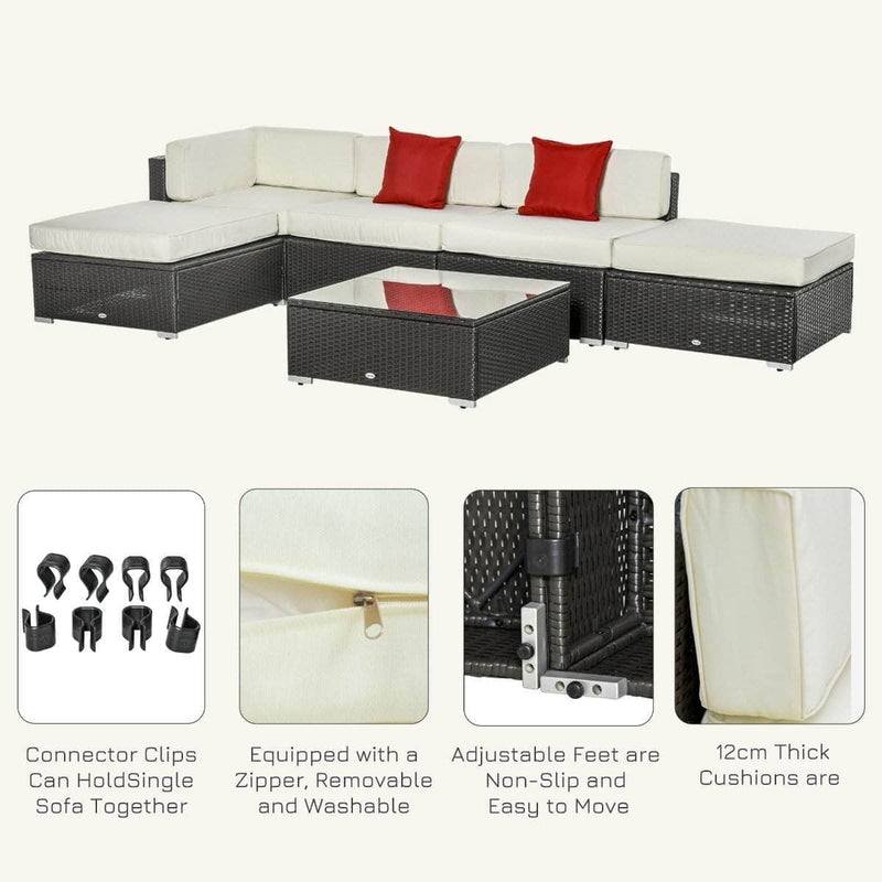 Aosom Sectional Sofa 6 Piece All-Weather Deluxe Outdoor Patio Rattan Wicker Sectional Sofa Set in Cream White