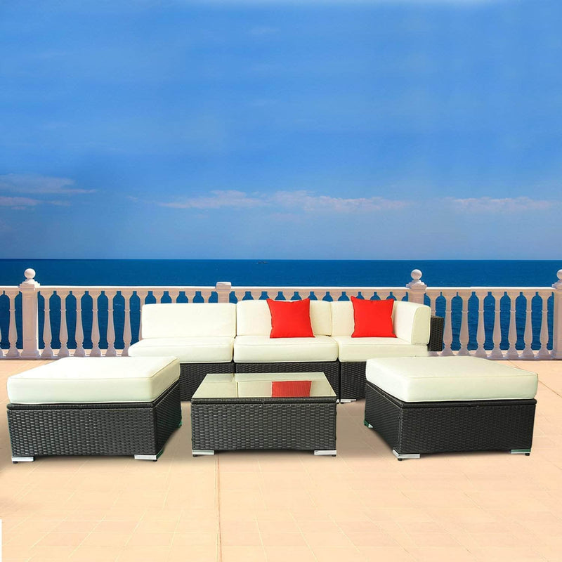 Aosom Sectional Sofa 6 Piece All-Weather Deluxe Outdoor Patio Rattan Wicker Sectional Sofa Set in Cream White