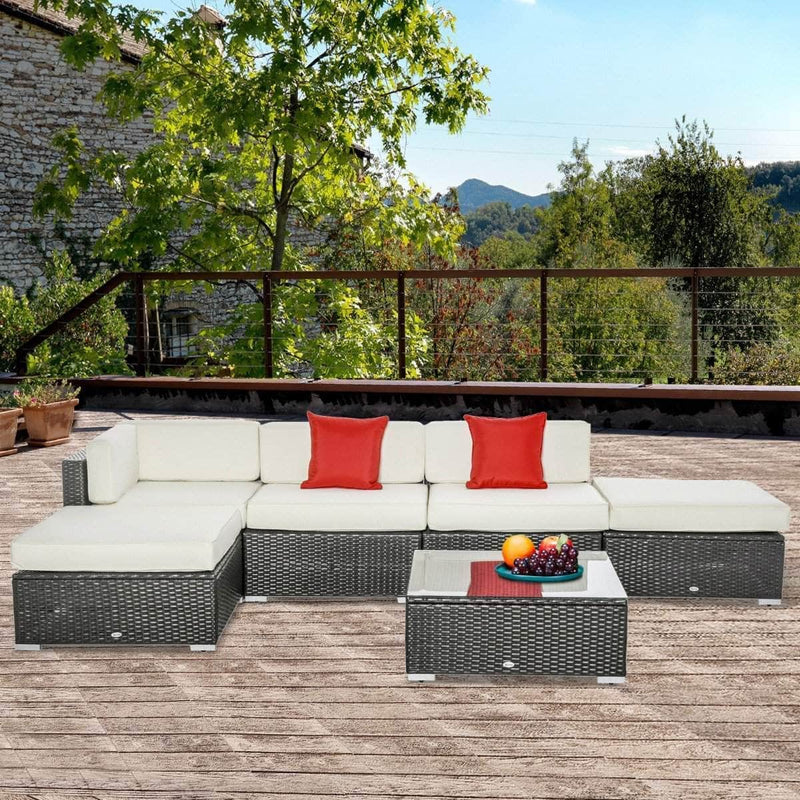 Aosom Sectional Sofa 6 Piece All-Weather Deluxe Outdoor Patio Rattan Wicker Sectional Sofa Set in Cream White