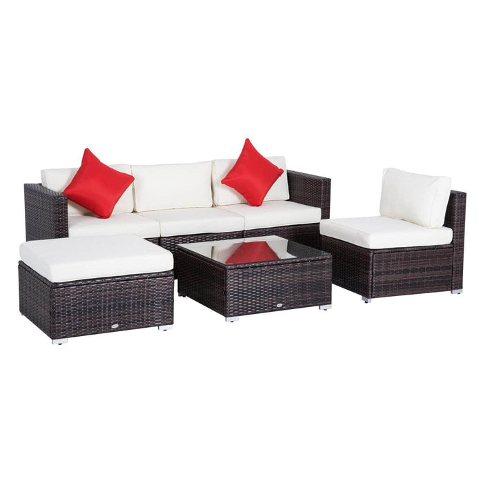 Aosom Sectional Sofa Cream White and Brown Wicker 6 Piece Outdoor Patio Rattan Wicker Modular Sectional Sofa Set with Coffee Table - Available in 5 Colours