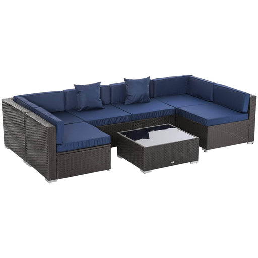 Aosom Sectional Sofa Dark Blue and Coffee Wicker 7 Piece Outdoor Patio Rattan Wicker Modular U-Shaped Sectional Sofa Set with Coffee Table - Available in 9 Colours