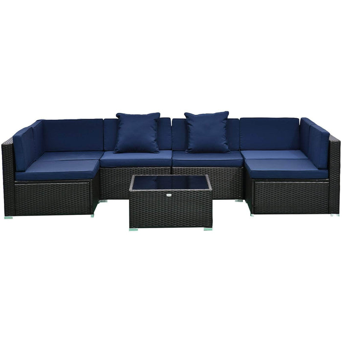 Aosom Sectional Sofa Deep Blue and Dark Brown Wicker 7 Piece Outdoor Patio Rattan Wicker Modular U-Shaped Sectional Sofa Set with Coffee Table - Available in 9 Colours