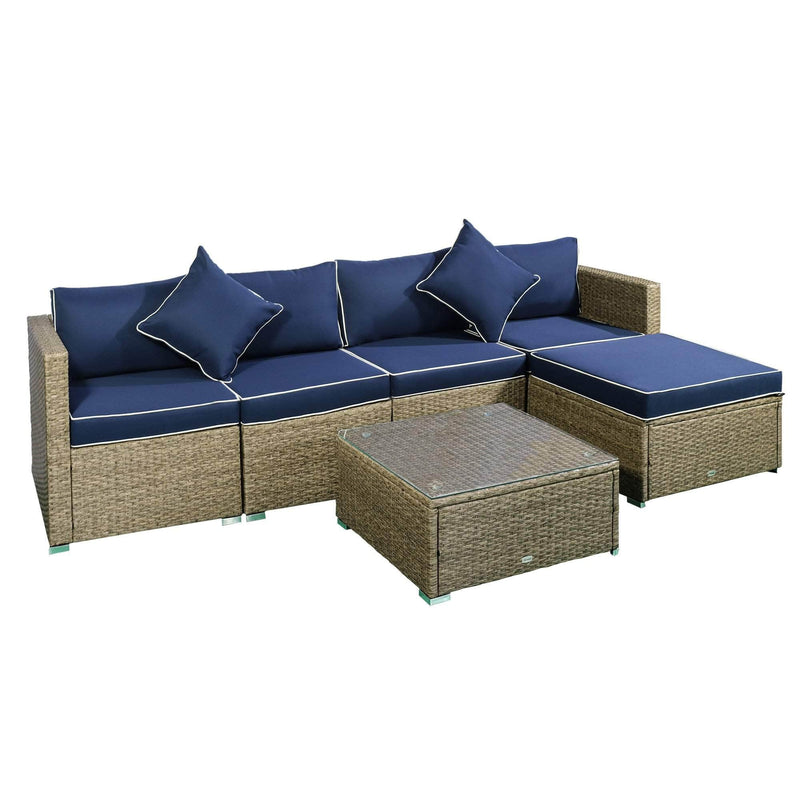 Aosom Sectional Sofa Navy Blue and Yellow Wicker 6 Piece Outdoor Patio Rattan Wicker Modular Sectional Sofa Set with Coffee Table - Available in 5 Colours