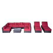Aosom Sectional Sofa Red with Dark Coffee Wicker 9 Piece Deluxe Outdoor Patio Garden Wicker Rattan Sectional Sofa Set with 2 Lounge Chairs - Available in 3 Colours