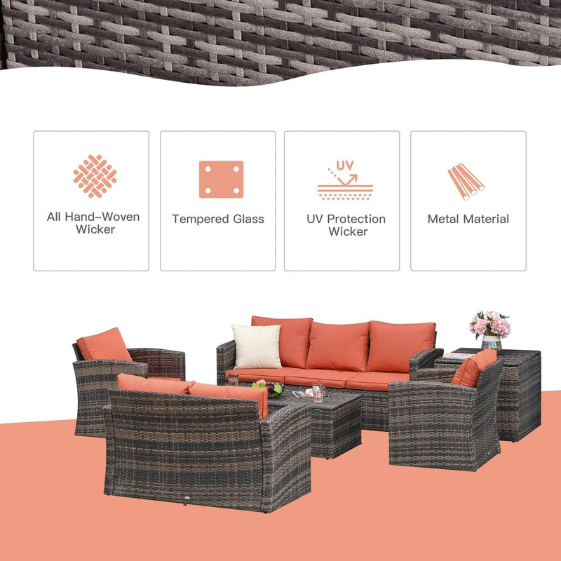 Aosom Sofa Set 6 Piece Outdoor Patio Rattan Wicker Conversation Sofa Set with Storage Coffee Table and End Table in Orange