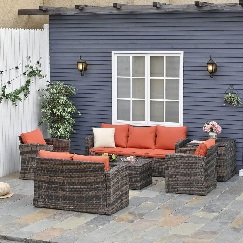 Aosom Sofa Set 6 Piece Outdoor Patio Rattan Wicker Conversation Sofa Set with Storage Coffee Table and End Table in Orange