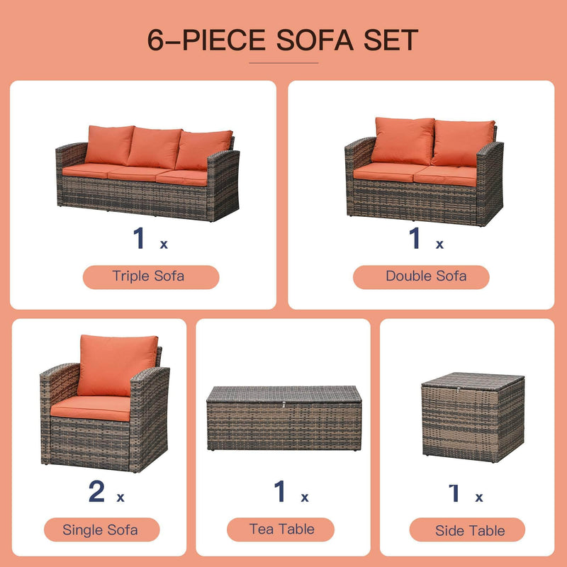 Aosom Sofa Set 6 Piece Outdoor Patio Rattan Wicker Conversation Sofa Set with Storage Coffee Table and End Table in Orange
