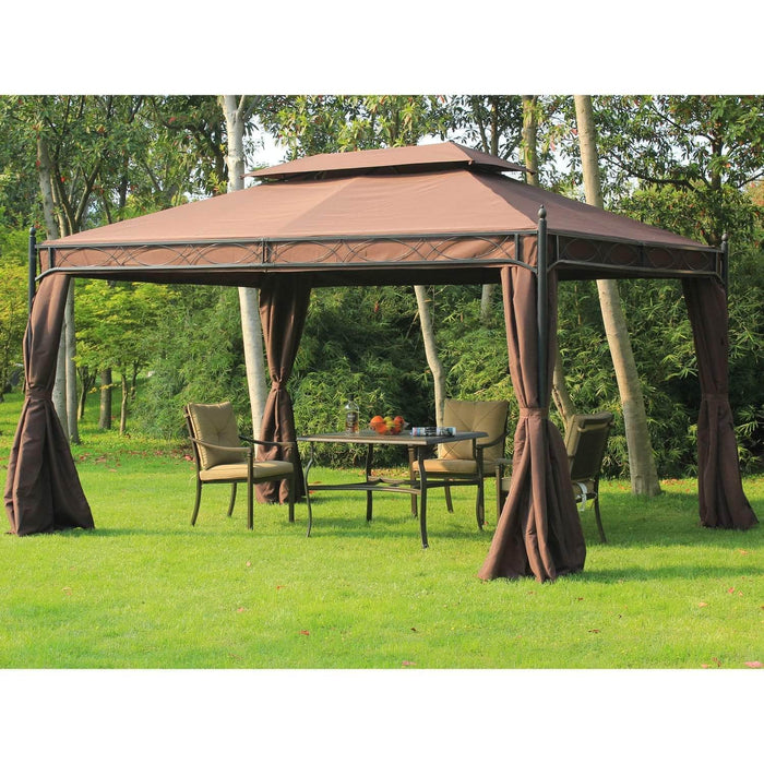 Aosom Tent 10ft x 13ft Gazebo Canopy Double Tiered Outdoor Tent with Curtain in Dark Coffee