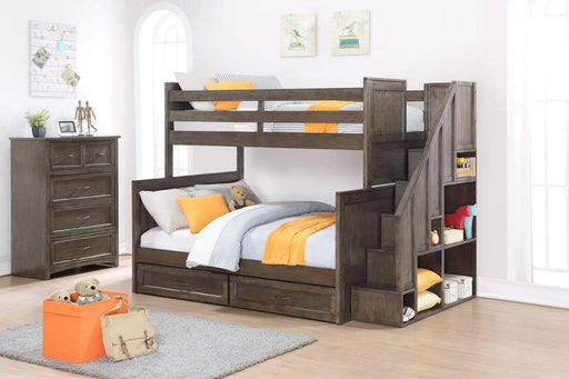 Caramia Furniture Bunk Bed Burnished Grey Bunk Bed and Chest Miller Twin Over Full Bunk Bed with Bookshelf Stairs and Underbed Storage Drawers