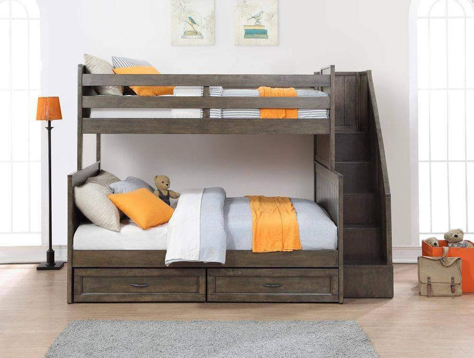 Caramia Furniture Bunk Bed Burnished Grey Bunk Bed Miller Twin Over Full Bunk Bed with Bookshelf Stairs and Underbed Storage Drawers