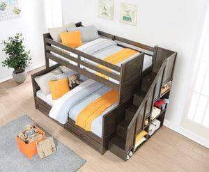 Caramia Furniture Bunk Bed Burnished Grey Bunk Bed Miller Twin Over Full Bunk Bed with Bookshelf Stairs and Underbed Storage Drawers