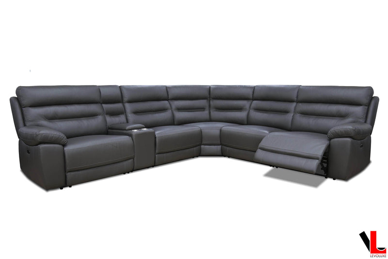 Levoluxe Sectional Aura Corner Sectional Sofa with Console and Power Recliners in Charcoal Faux Leather