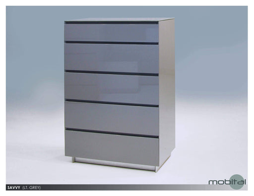 Mobital Dresser Light Grey Savvy 5-Drawer Chest High Gloss Light Grey with Glass Top - Available in 2 Colours