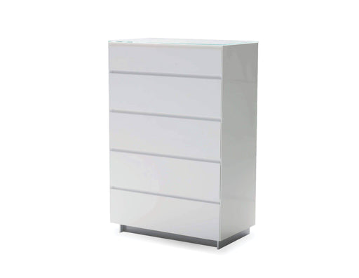 Mobital Dresser White Savvy 5-Drawer Chest High Gloss Light Grey with Glass Top - Available in 2 Colours