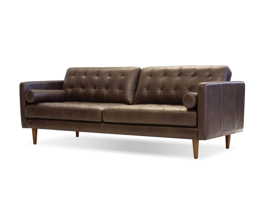 Mobital Sofa Chocolate Baldwin 89" Tufted Sofa in Vintage Top Grain Chocolate Leather with Wood Legs Stained In Tea
