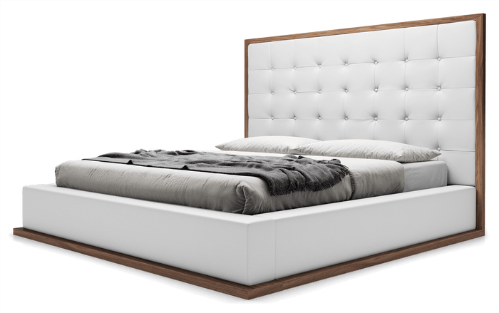 Modloft Bed Ludlow White Leather King Size Platform Bed in Walnut