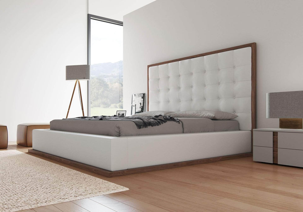 Modloft Bed Ludlow White Leather Platform Bed in Walnut King Size
