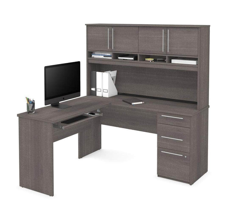 Modubox Computer Desk Bark Grey Innova L-Shaped Desk with Pedestal and Hutch - Available in 3 Colours