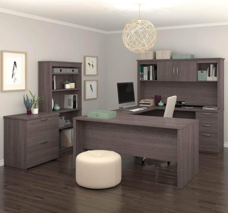 Modubox Computer Desk Bark Grey Logan U-Shaped Desk with Hutch, Lateral File Cabinet, and Bookcase