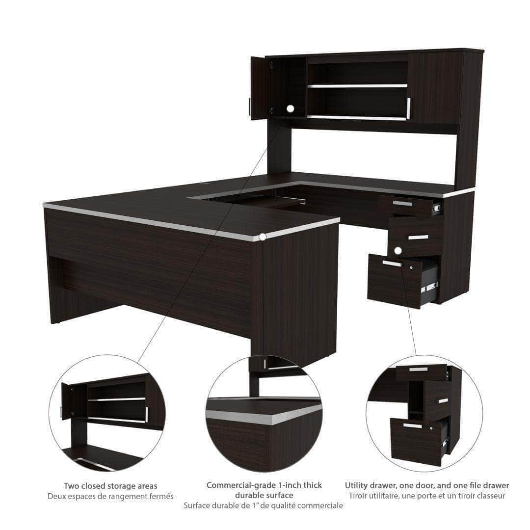 Modubox Computer Desk Ridgeley U-Shaped Desk with Pedestal and Hutch