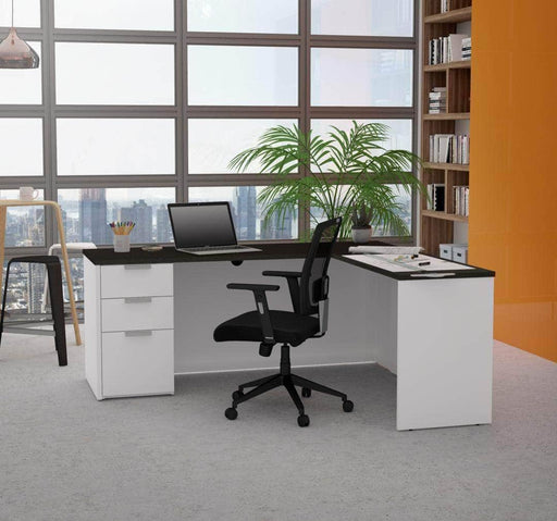 Modubox Computer Desk White & Deep Grey Pro-Concept Plus Closed Side L-Shaped Desk with Pedestal