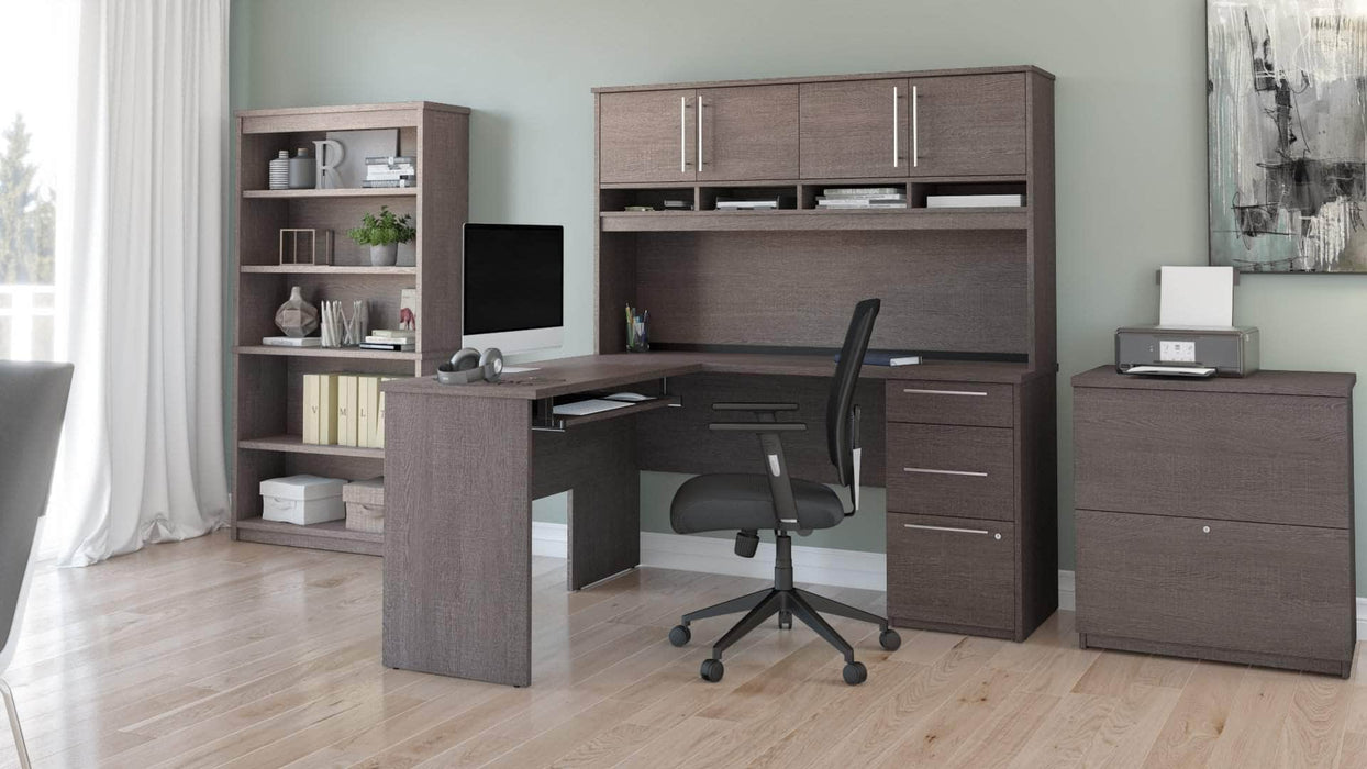 Modubox Desk Bark Grey Innova L-Shaped Desk with Pedestal and Hutch, 1 Lateral File Cabinet, and 1 Bookcase in Bark Grey