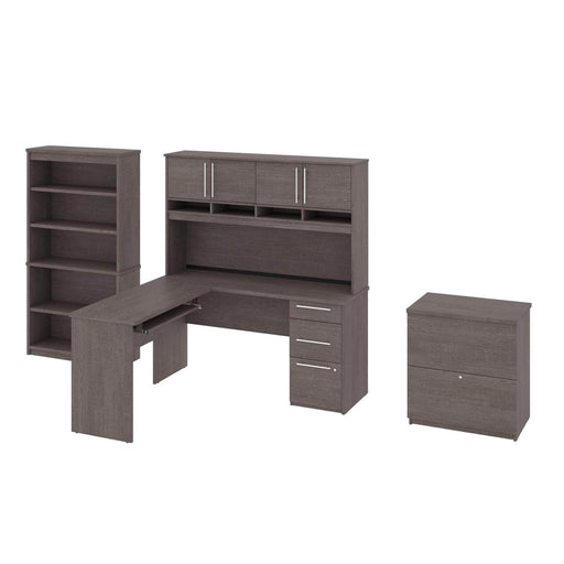 Modubox Desk Bark Grey Innova L-Shaped Desk with Pedestal and Hutch, 1 Lateral File Cabinet, and 1 Bookcase in Bark Grey