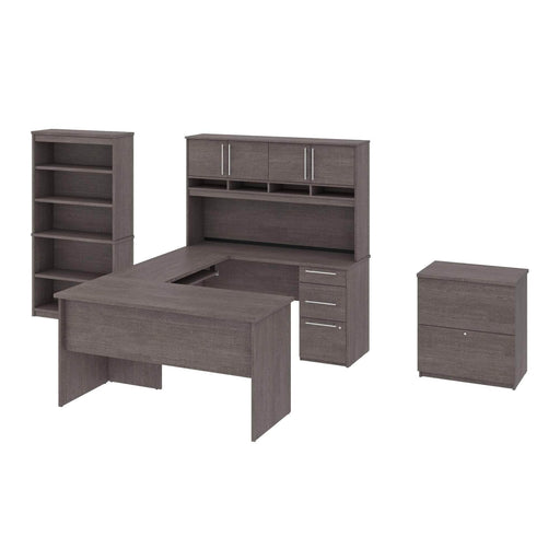 Modubox Desk Bark Grey Innova U-Shaped or L-Shaped Desk with Pedestal and Hutch, 1 Lateral File Cabinet, and 1 Bookcase - Available in 3 Colours