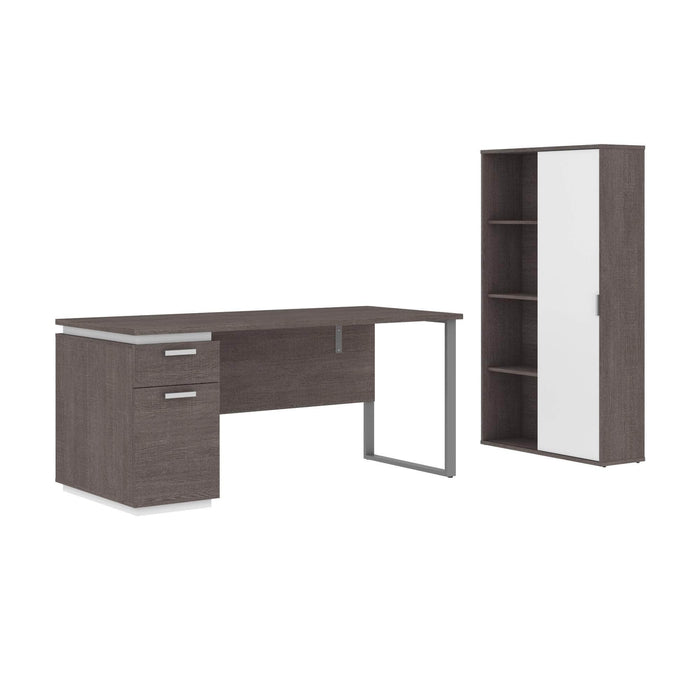 Modubox Desk Bark Grey & White Aquarius 2-Piece Set Including a Desk with Single Pedestal and a Storage Unit with 8 Cubbies - Available in 4 Colours