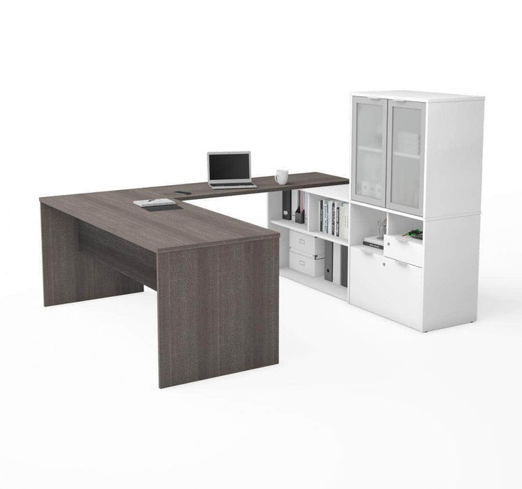 Modubox Desk Bark Grey & White i3 Plus U-shaped Desk with Frosted Glass Doors Hutch - Available in 3 Colours