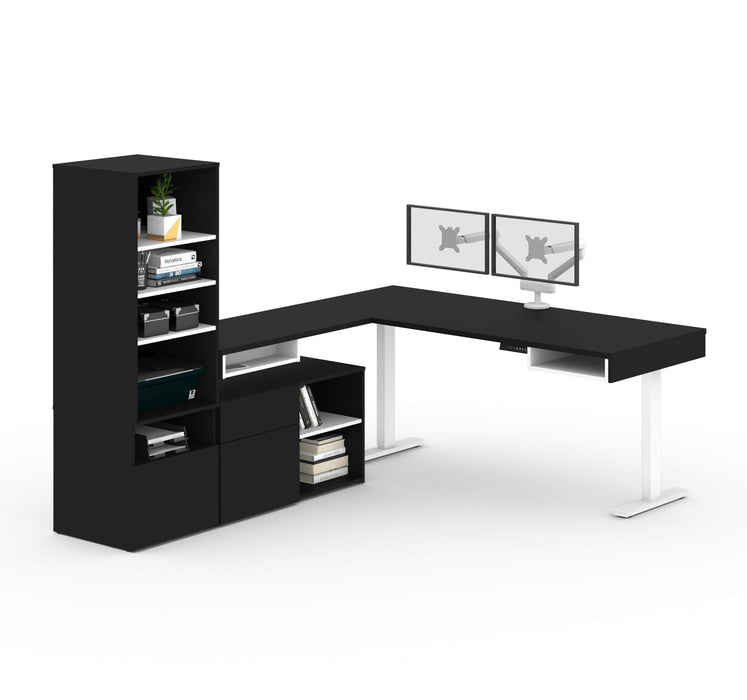 Modubox Desk Black Viva 4-Piece Set Including an L-Shaped Standing Desk, a Storage Unit, a Credenza, and a Dual Monitor Arm - Available in 2 Colours