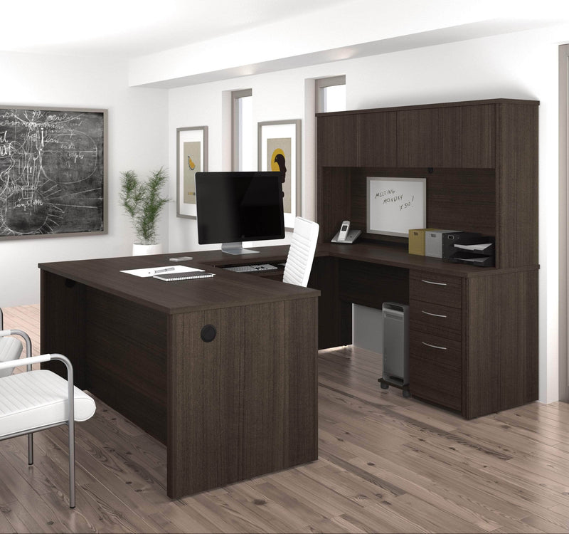 Modubox Desk Dark Chocolate Embassy U-Shaped Executive Desk with Pedestal and Hutch - Dark Chocolate