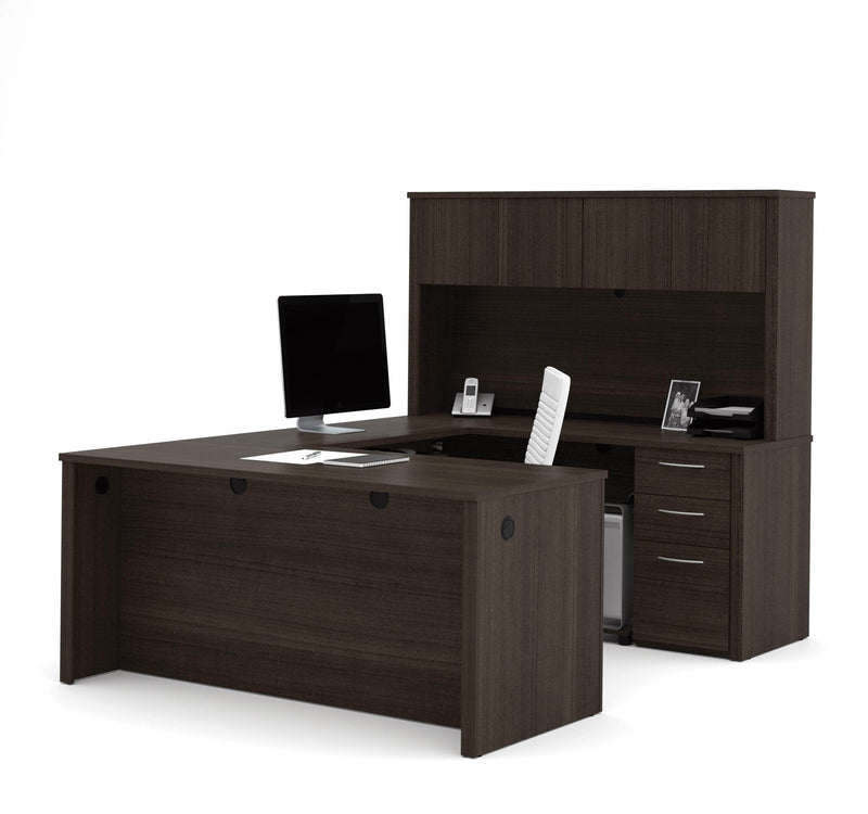 Modubox Desk Dark Chocolate Embassy U-Shaped Executive Desk with Pedestal and Hutch - Dark Chocolate