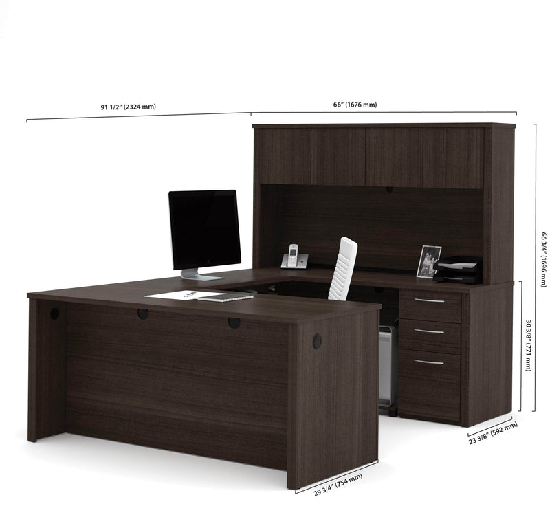 Modubox Desk Dark Chocolate Embassy U-Shaped Executive Desk with Pedestal and Hutch - Dark Chocolate