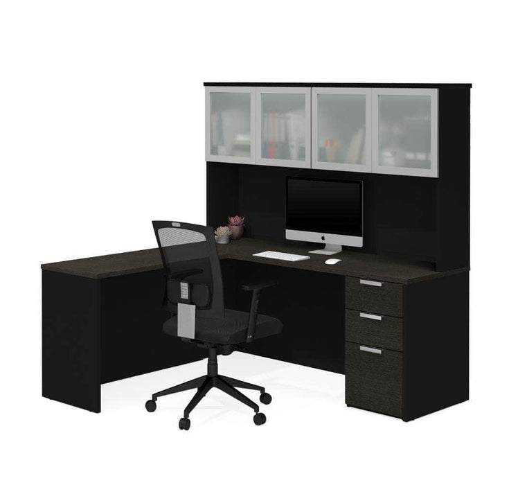 Modubox Desk Deep Grey & Black Pro-Concept Plus L-Shaped Desk with Pedestal and Frosted Glass Door Hutch - Available in 2 Colours
