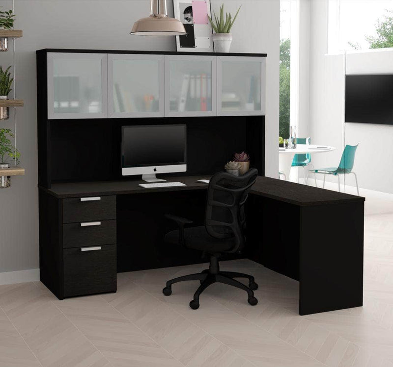 Modubox Desk Pro-Concept Plus L-Shaped Desk with Pedestal and Frosted Glass Door Hutch - Available in 2 Colours