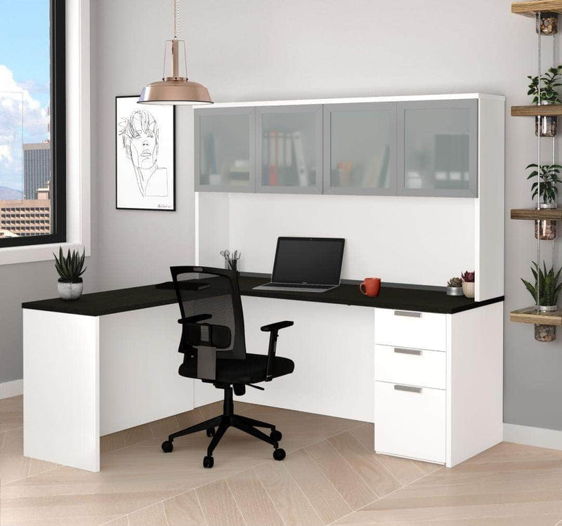 Modubox Desk Pro-Concept Plus L-Shaped Desk with Pedestal and Frosted Glass Door Hutch - Available in 2 Colours